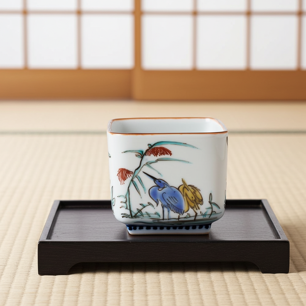 九谷焼 九谷加州聖城窯 堀江青光造 酒呑 色絵花鳥図 吉田屋写 酒器 酒杯 盃 ぐい吞み 共箱 栞