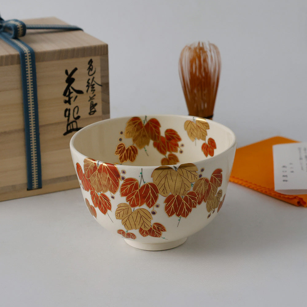 南口閑粋 色絵蔦茶碗 共箱 京焼 茶道 抹茶碗 栞 黄布 外箱 南口闲粹色绘赤蔦茶碗共箱京烧茶道具未使用| EIKI Re:Finds