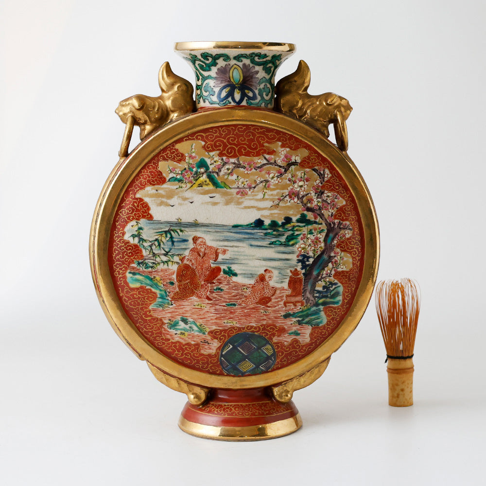 九谷焼 庄三 赤絵 金彩 角福 松下賢人図 扁平花瓶 双耳 花入 花器 花瓶 壷 九谷焼 松下賢人図 扁平花瓶 – EIKI Re:Finds