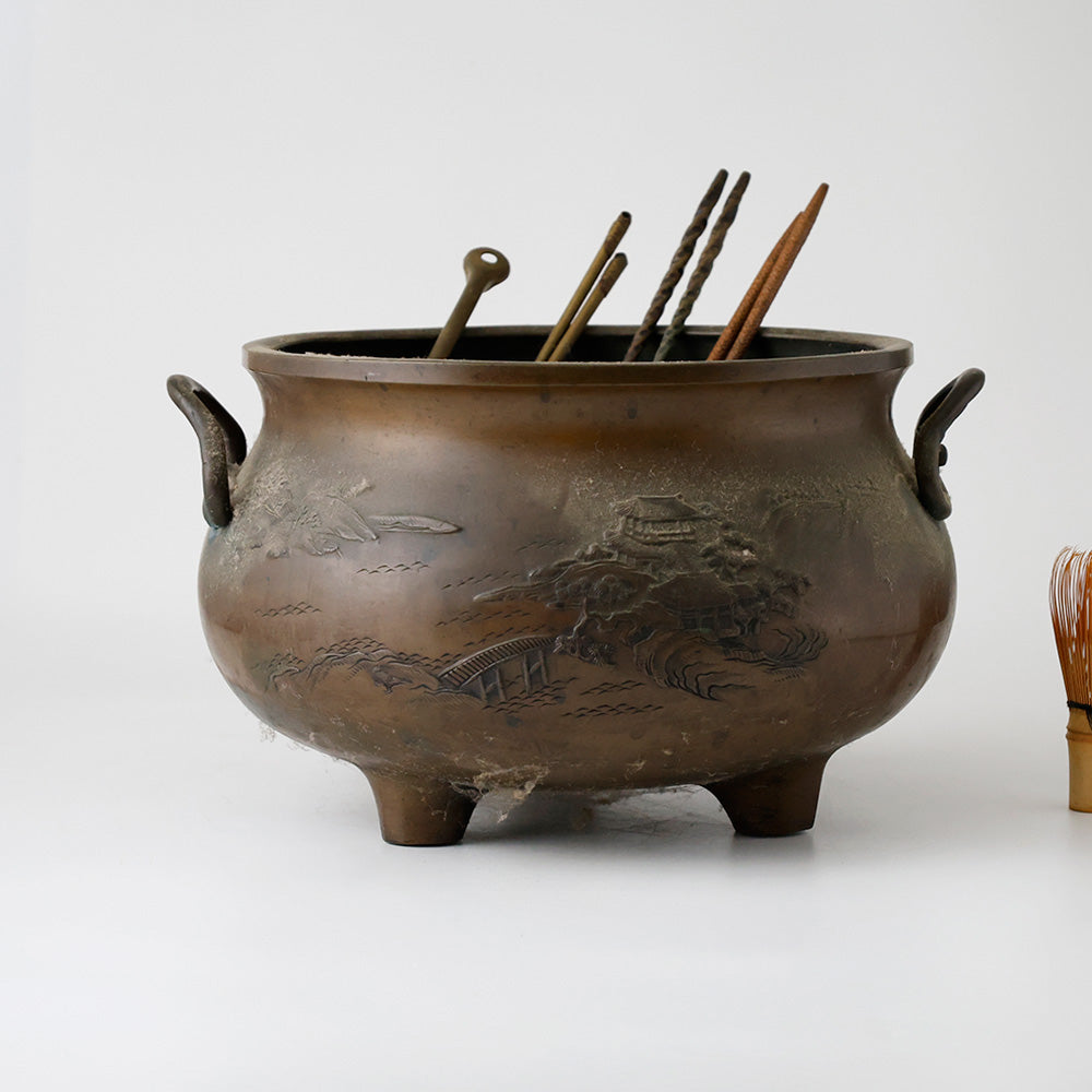 古銅 火鉢 山水楼閣 全体図