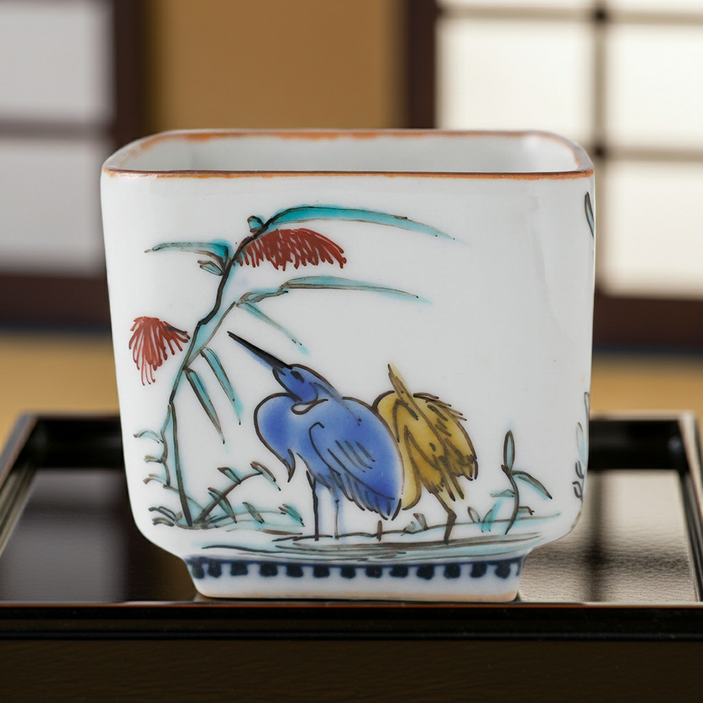 九谷焼 九谷加州聖城窯 堀江青光造 酒呑 色絵花鳥図 吉田屋写 酒器 酒杯 盃 ぐい吞み 共箱 栞