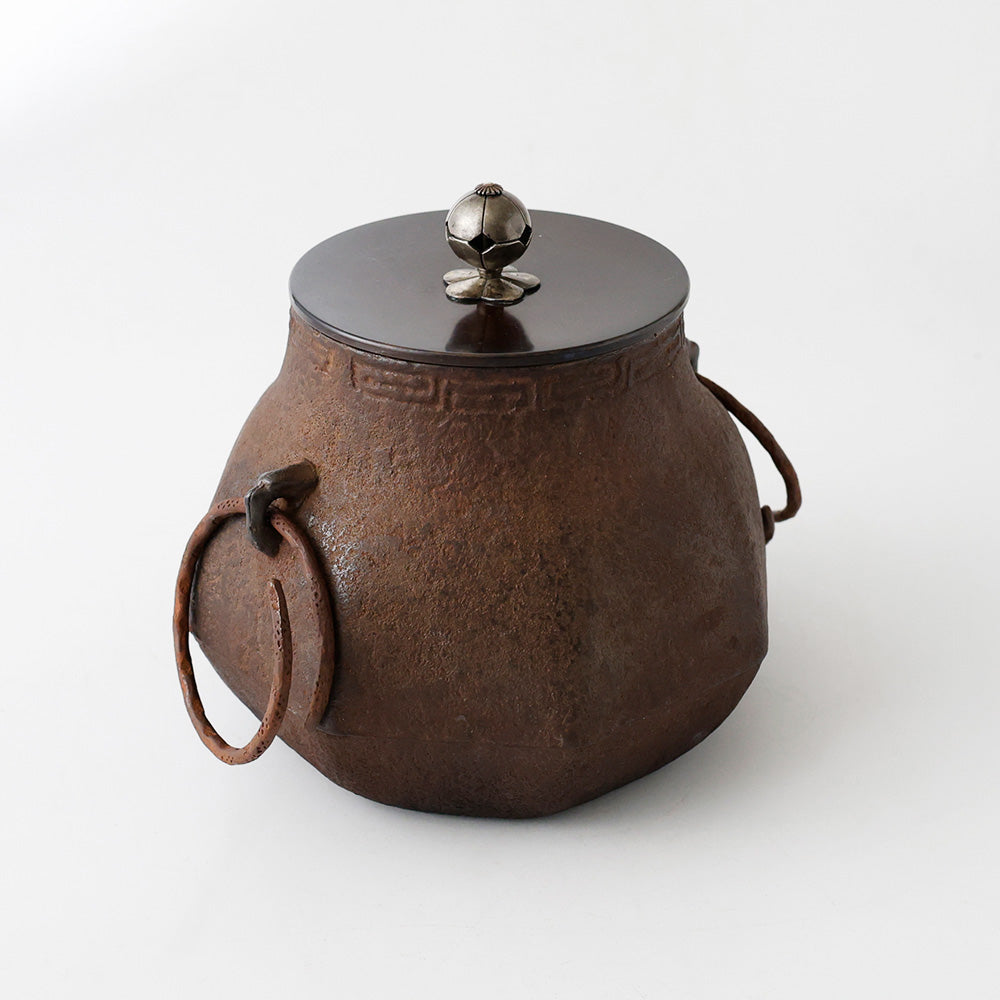 八角形 鉄釜 銅蓋銀摘 蓋付き