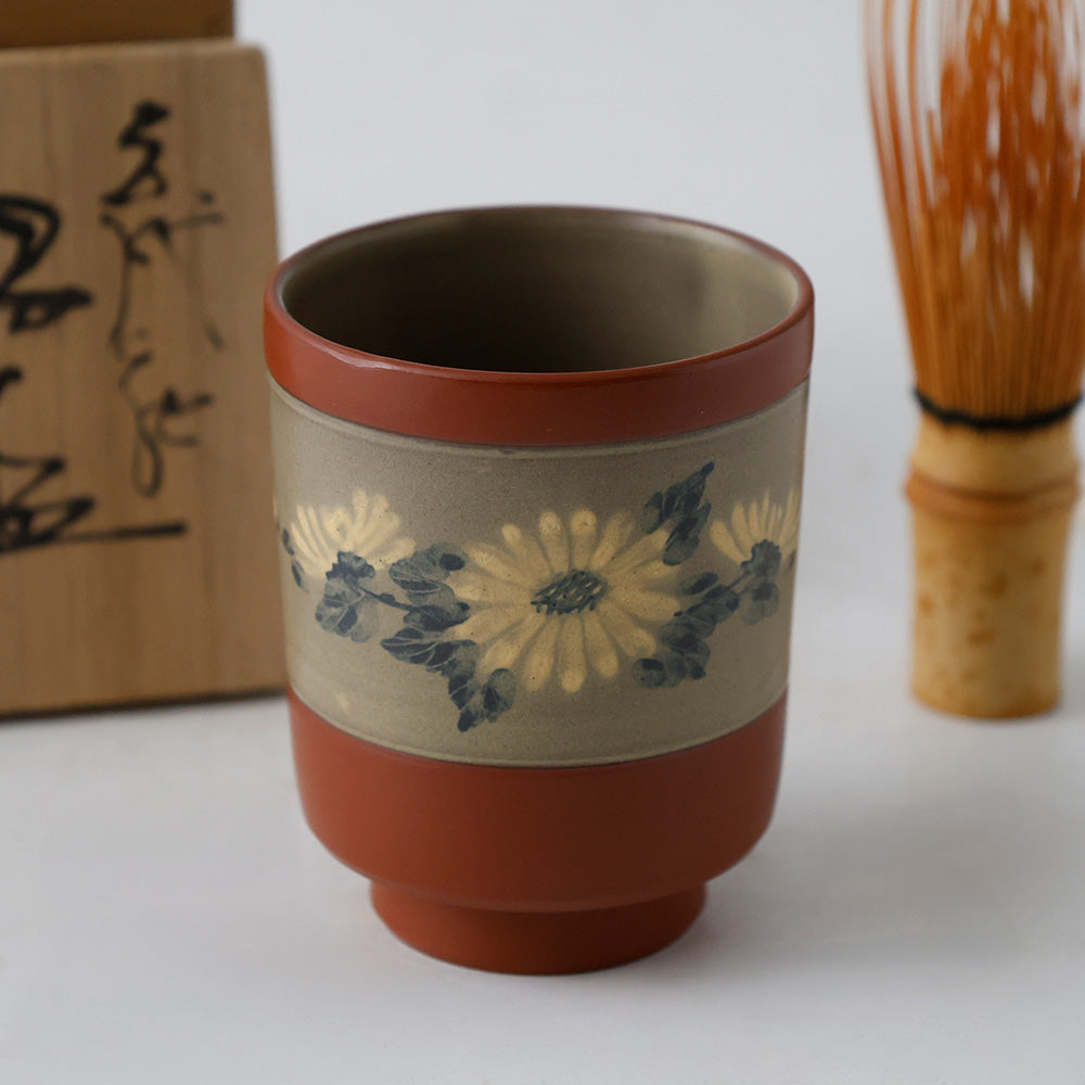 佐渡無名異陶器  花草文 湯呑 全体図