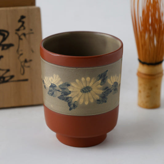 佐渡無名異陶器  花草文 湯呑 全体図