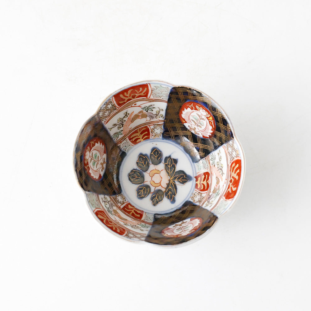 古伊万里 六角向付 色絵金襴手 窓絵花草文様