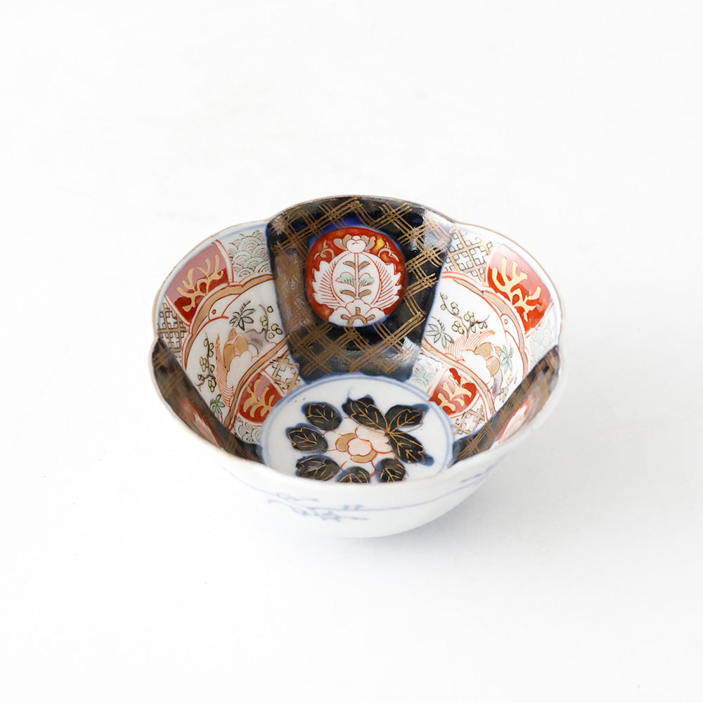 古伊万里 六角向付 色絵金襴手 窓絵花草文様