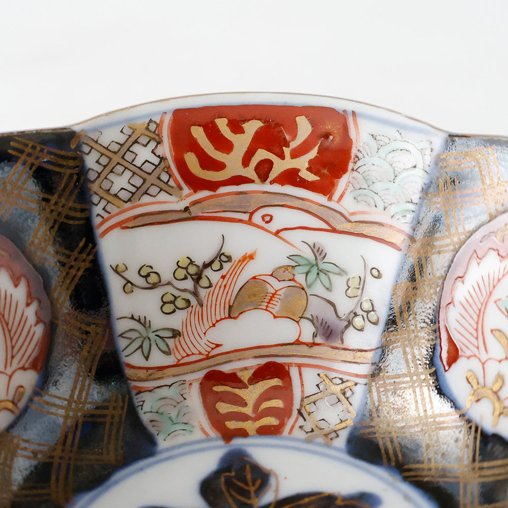 古伊万里 六角向付 色絵金襴手 窓絵花草文様