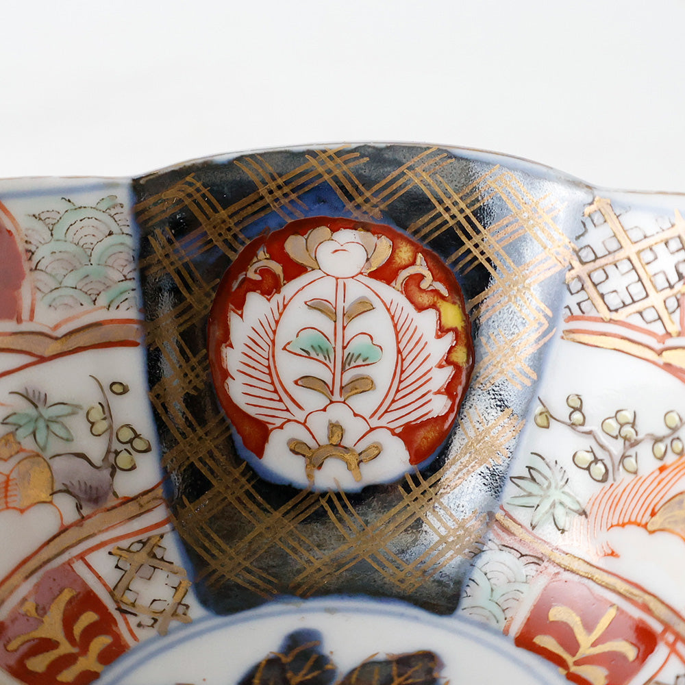 古伊万里 六角向付 色絵金襴手 窓絵花草文様