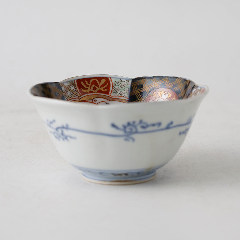 古伊万里 六角向付 色絵金襴手 窓絵花草文様