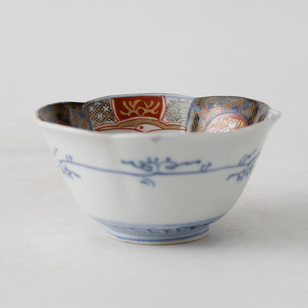 古伊万里 六角向付 色絵金襴手 窓絵花草文様