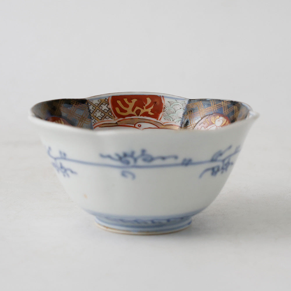 古伊万里 六角向付 色絵金襴手 窓絵花草文様