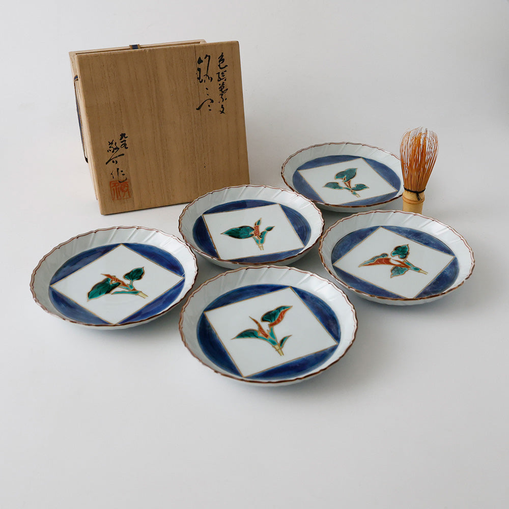 九谷焼 色絵花草文 銘々皿 五客 全体図
