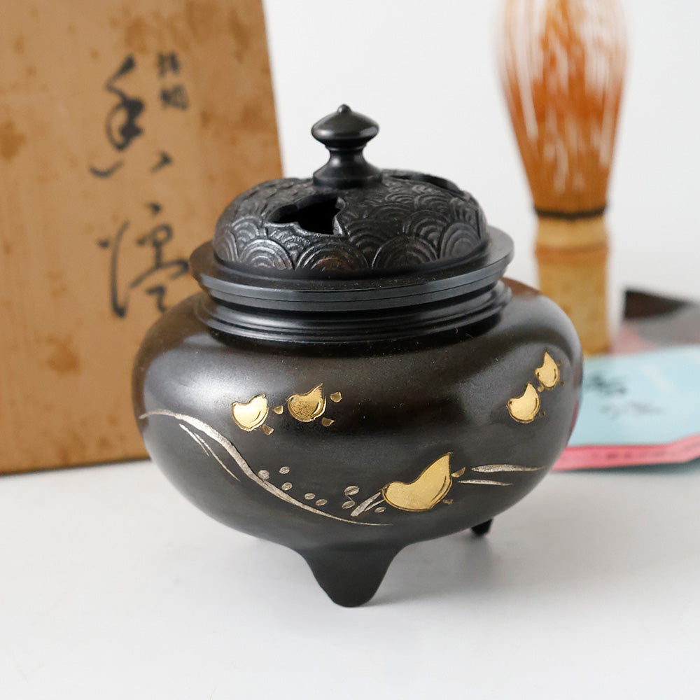 瑞峰作 香炉 金象嵌千鳥紋様 全体図
