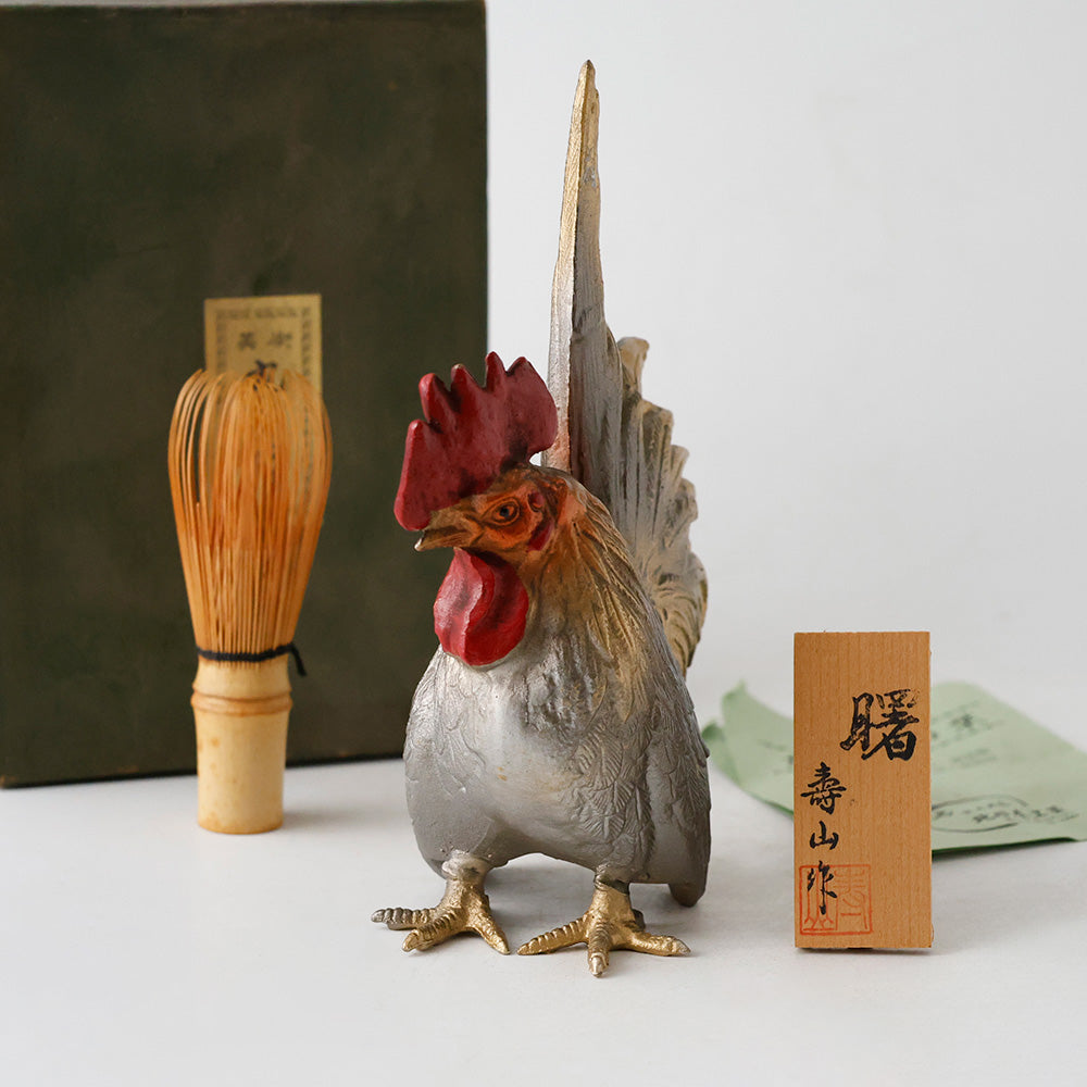 寿山作　酉の置物　鳥　金属工芸　全体図
