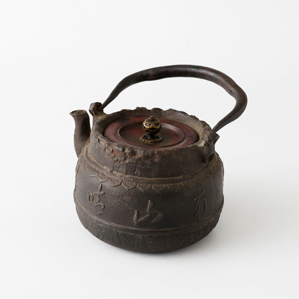 龍文堂造 鉄瓶 『山水清風』 斜め上のほうから見た図