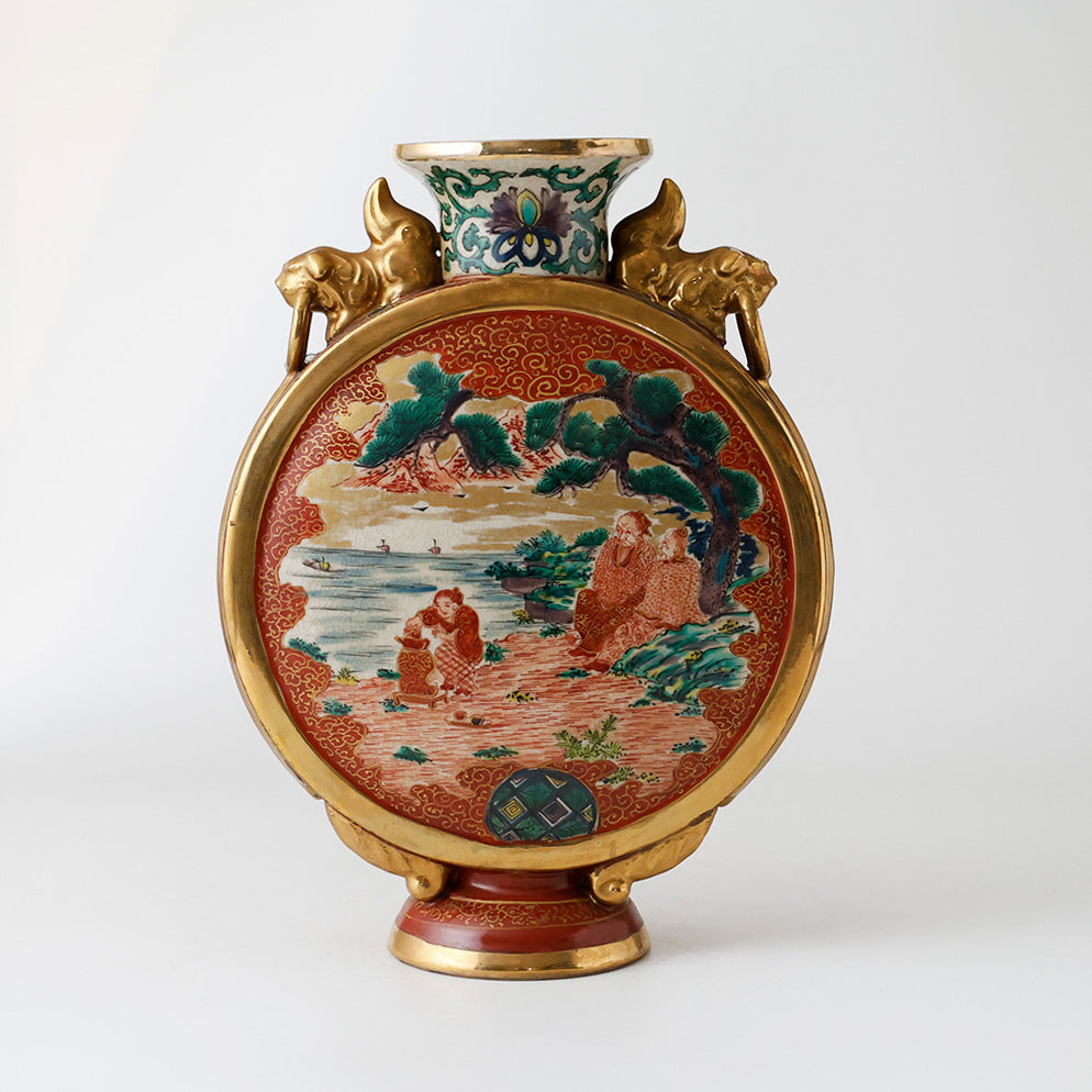 九谷焼 庄三 赤絵 金彩 角福 松下賢人図 扁平花瓶 双耳 花入 花器 花瓶 壷 九谷烧明治期九谷庄三铭赤绘金彩松下贤人图扁瓶| EIKI Re:Finds