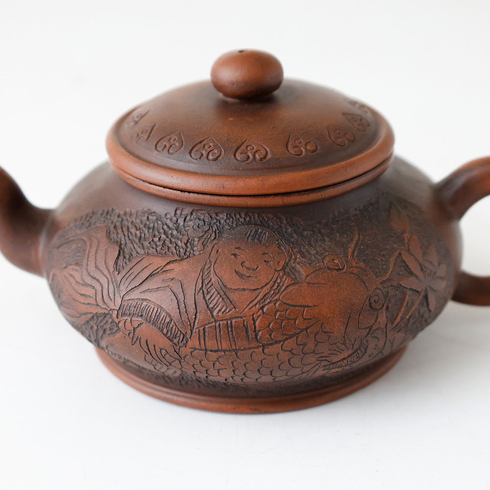 朱泥 急須 連年有餘 童子