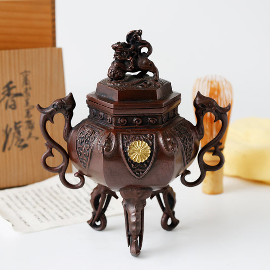 六角象耳菖蒲文 銅製香炉 十六菊金象嵌 全体図