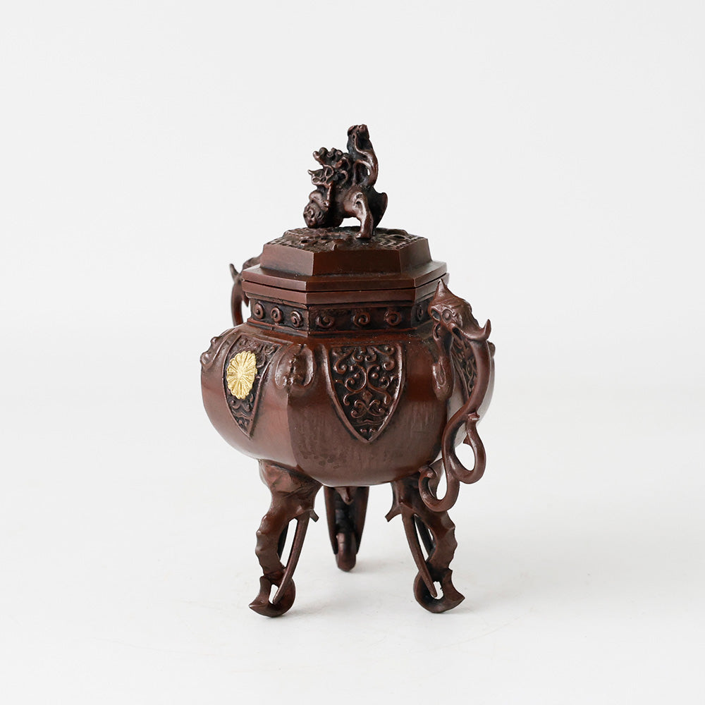 六角象耳菖蒲文 銅製香炉 十六菊金象嵌 側面