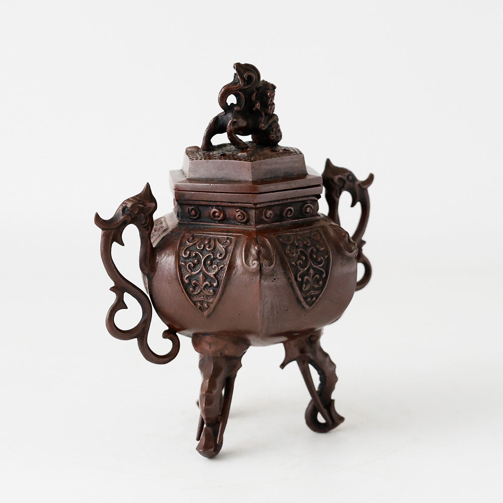 六角象耳菖蒲文 銅製香炉 十六菊金象嵌 側面