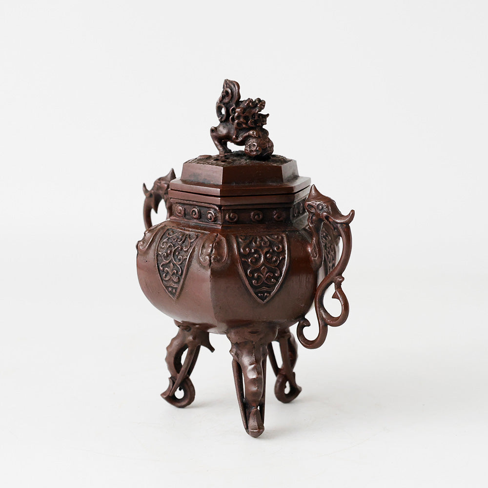 六角象耳菖蒲文 銅製香炉 十六菊金象嵌 側面