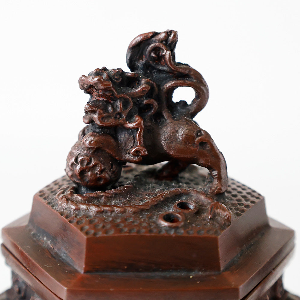 六角象耳菖蒲文 銅製香炉 十六菊金象嵌 つまみ