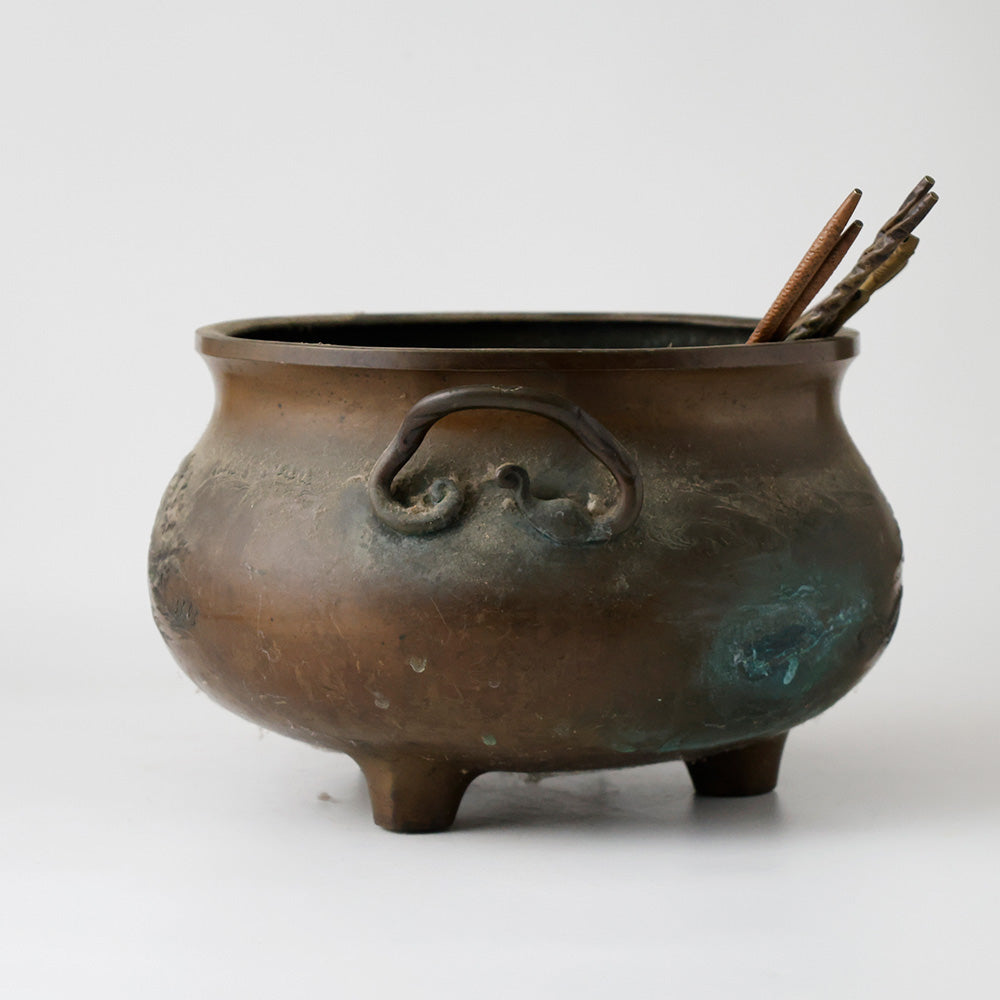 古銅 火鉢 山水楼閣 側面