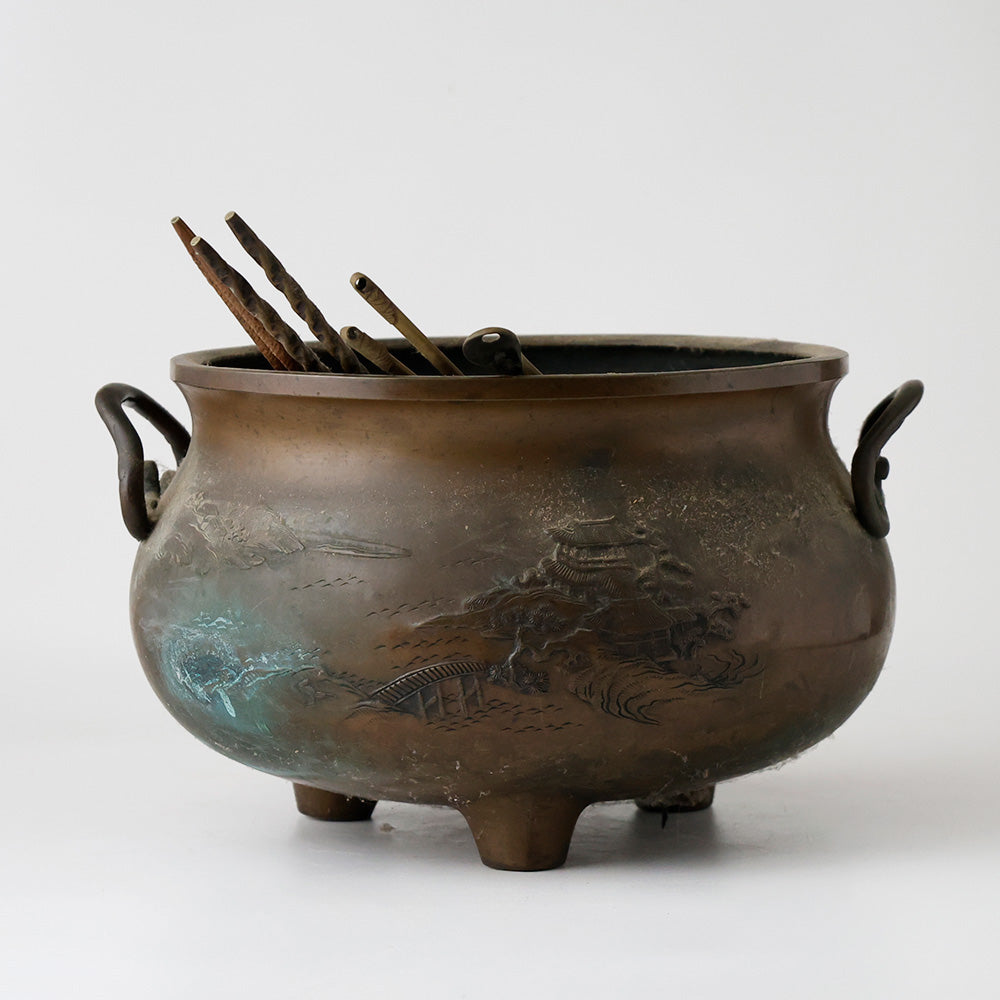 古銅 火鉢 山水楼閣 側面