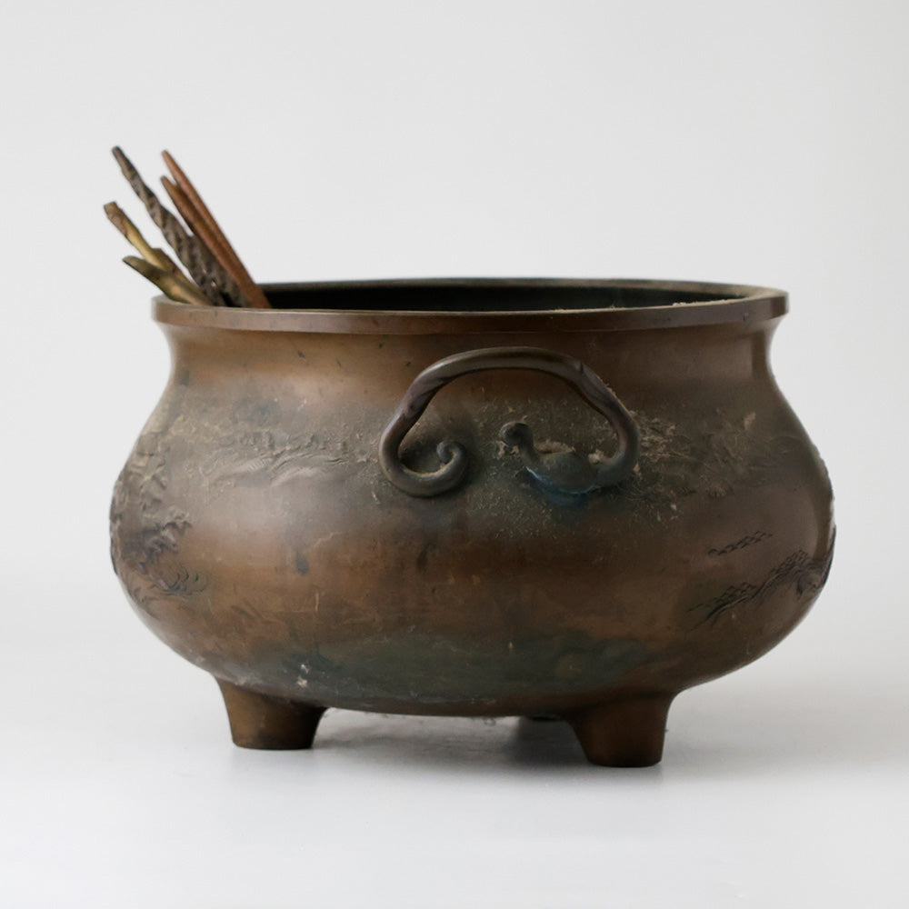 古銅 火鉢 山水楼閣 側面