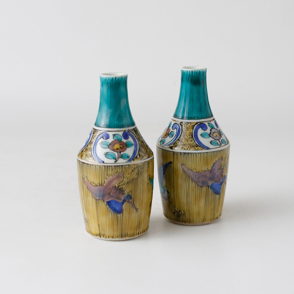 浅蔵五十吉作 青九谷焼写絵 徳利 二客一対