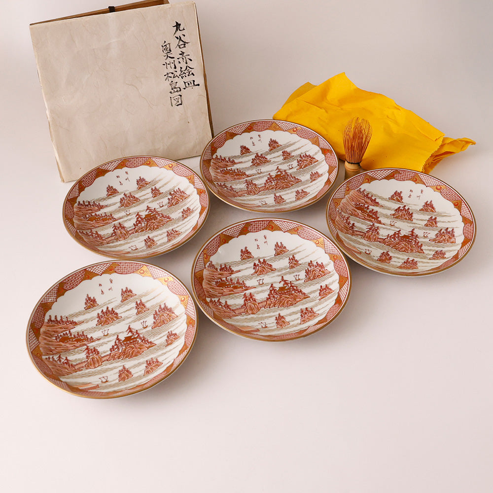 九谷焼 松鶴堂 金彩赤絵皿 五客 全体図