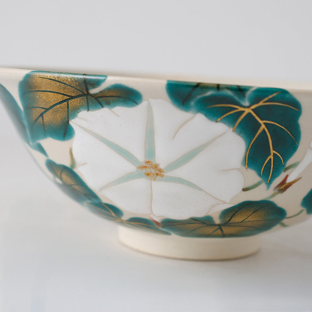 九谷焼 色絵夕顔 平茶碗 拡大