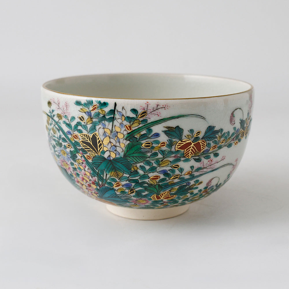 九谷 末川泉山 庄三写 色絵金彩 草花 茶碗 共箱 共布 栞 茶道具 九谷